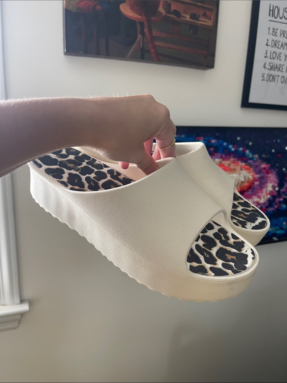 BareTraps Cream Slide Sandals with Leopard Insole